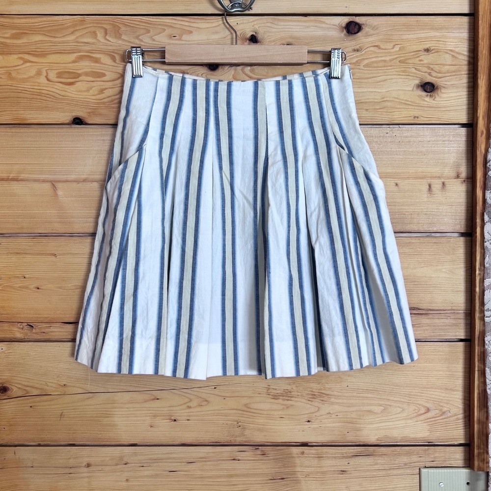 Linen Striped Pleated Mini Skirt Womens Medium Blue White Tennis Skater Zara - Picture 3 of 8